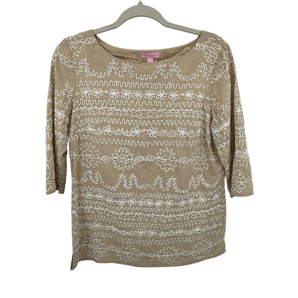 Lilly Pulitzer Tops - Lilly Pulitzer Yazmine Tunic Top Womens Size 6 Tan Embroidered Cotton Boat Neck